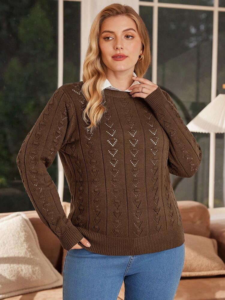 Plus Size Winter Casual Elegant Knitted Floral Pattern Fitted Round-Neck Sweater Pullover, Suitable As A Base Layer Or Outerwear For Work, Shopping, Vacation, Parties, Music Festivals, Home Wear, Back-To-School Events, And As A Gift.