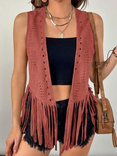 SHEIN VCAY Plus Size Women Boho Western Style Solid Color Patchwork Fringe Hem Open Front Vest Jacket, For Summer In Fall/Winter