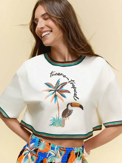 CAJUNI Top corto de manga corta y cuello redondo con corte holgado, estilo de resort de moda para el verano