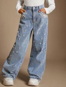 Radiana Tween Girls Tween Girls' Elegant Light Washed Front Button Pocket Faux Pearl Decor Simple Casual Denim Straight Leg Jeans,Faux Pearl,And Frayed Hem,For Spring And Summer Vacation Festival Outfits,4th Of July Clothes,Graduation Party Jeans Pants Fall Winter - Light Wash - View 6