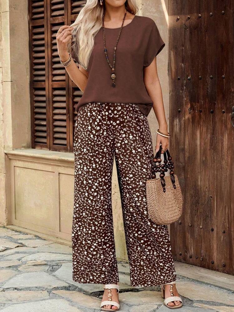 Conjunto de 2 piezas de top holgado y pantalones de unicolor para mujer de talla grande