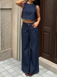 K-Vae 女士秋季休闲通勤背心长裤牛仔套装，韩版秋季女装，秋季女装，返校季服装 - 深色水洗藍 - 查看 4