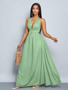 SOLERSUN Đầm Maxi hở lưng buộc chéo cổ chữ V màu trơn cho nữ đi nghỉ dưỡng đi biển - Màu xanh Bạc hà - Xem 5