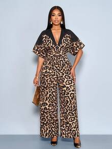 SOLERSUN Women's Wear, Casual Everyday, Elegant Commuter, Black/Brown With Black Gradient Leopard Print, Deep V-Neck, Gathered Shoulders, Short Sleeves, High Waist, Batwing Sleeve Ruched Waist Pleated Wide Leg Jumpsuit - Brown - View 3