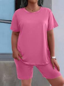 Maweii Plus Size Solid Color Short Sleeve Top And Shorts 2 Pieces Casual Set - Pink - View 4