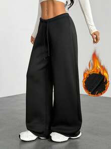 SHEIN PETITE Quần nỉ ống đứng đơn giản buộc dây phía trước màu trơn dành cho nữ, trang phục thường ngày mặc khi tốt nghiệp, trở lại trường, tốt nghiệp, trang phục giáo viên dành cho nữ, trở lại trường - màu đen - Xem 5