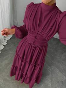 Veilorie 女士纯色立领灯笼袖腰部褶皱多层荷叶边优雅连衣裙 - 中紫紅色 - 查看 5