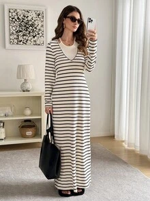 Easowa Sleeveless Hollow-Out 2 In 1 Long Sleeve Maxi Dress, Textured Jacquard Striped Fabric, Casual Relaxed Elegant Office Commute Style, Autumn/Winter Women Long Dress Winter Dress Winter Clothes For Women  Spring Break Outfits Elegant Dresses For Women Casual Outfit For Women - Dark Grey - View 6