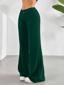 SHEIN Tall CURVE 大码休闲纯色低腰阔腿裤 - 軍綠色 - 查看 6