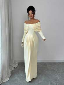 Elenzga Abito elegante da donna con spalle scoperte, maniche lunghe con volant, decorato con strass, modello aderente e svasato, adatto per feste e appuntamenti serali, colore giallo - Giallo chiaro - Visualizzare 5