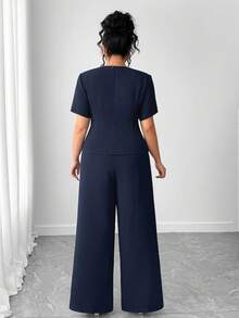 Elenzga Bộ 2 món áo thun tay ngắn vải jacquard họa tiết ôm sát thanh lịch dành cho nữ cỡ lớn kèm quần ống đứng - Màu xanh hải quân - Xem 2