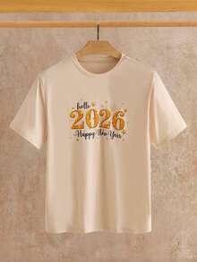 Manfinity NXTstreet 男士休闲字母数字印花圆领短袖T恤，新年款 - 卡其色 - 查看 3