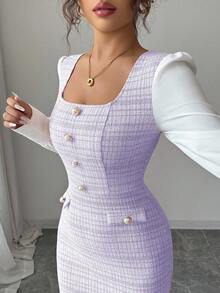 Elenzga Elegant Romantic Plaid Patchwork Square Neck Waist Fitted Bodycon Dress For Women - Multicolor - View 7