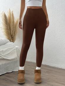 SHEIN EZwear 大码女式纯色休闲高腰保暖内衬打底裤 - 棕色 - 查看 5