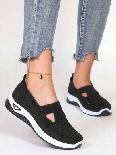 Tenis deportivo de mujer ligero transpirable punta redonda sin cordones suela antideslizante estilo casual para caminar