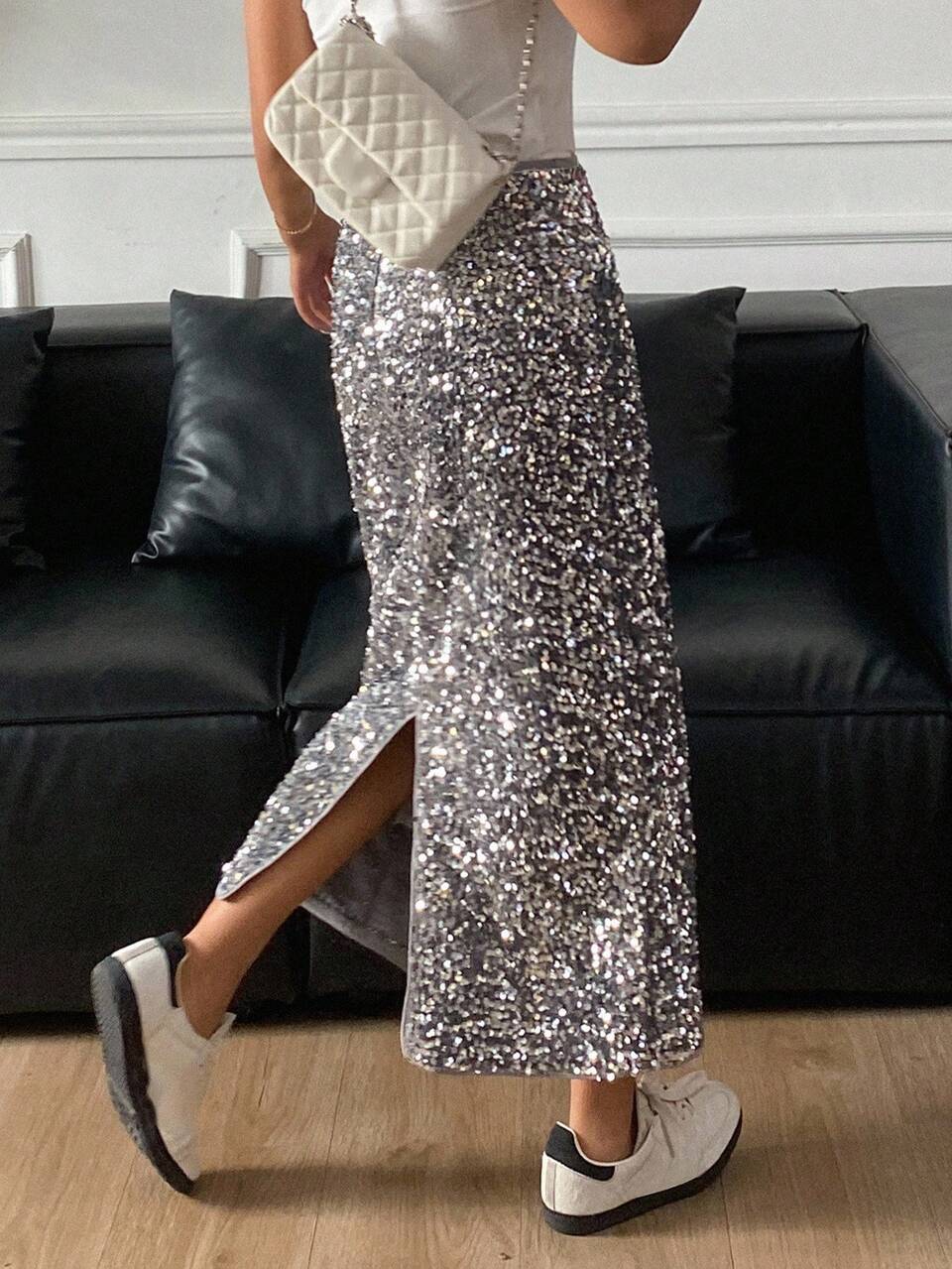 Sequin Embellished Women's A-Line Skirt, Minimalist & Fashionable For Casual Day And Party Prom Luxury New Years Women Carnival