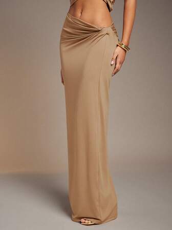 L'Amorae Kvinnors jerseystickad twist maxi kjol, avslappnad unik vårsemester