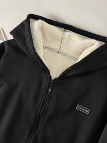 Manfinity Joysei 男士连帽保暖内衬夹克，黑色拉链针织外套，秋冬季 - 黑色 - 查看 5