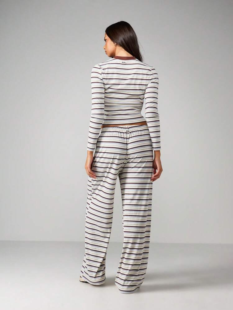 Missguided x Playboy Ribbed Striped Two Piece Coordinating Set Long Sleeve Crop Top Wide Leg Palazzo Pants Lounge Outfit
