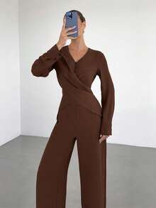 Siren Gaze 2pcs Women Elegant Dark Brown Pants Set,Overlapping Wrap Long Sleeve Top & Wide-Leg Pants Suit,French Office Style Autumn Outfit,Minimalist Clothes - Brown - View 9