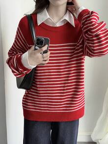 DAZY 女士宽松条纹拼接撞色休闲毛衣，红色 - 紅色 - 查看 9