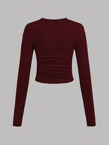 SHEIN EZwear 3件套女士休闲纯色圆领褶皱长袖T恤，黑色、灰色、酒红色，秋冬春季女士长袖紧身衣 - 彩色 - 查看 7