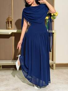 Feyla Váy dài vừa phải nhún bèo màu trơn dự tiệc thanh lịch dành cho nữ - Màu xanh hải quân - Xem 3