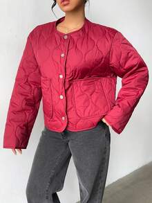 SHEIN Unity Padded Coat With Round Neck, Drop Shoulder, Front Button, Quilted Gourd Pockets - Red Violet - View 5