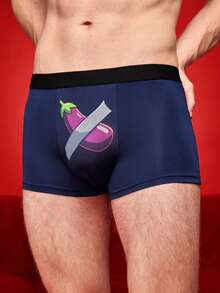 Calzoncillos tipo bóxer cómodos con diseño de berenjena navideña de color contrastante, regalos navideños divertidos para hombres - Azul Marino - Ver 2