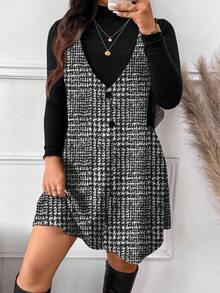SHEIN Frenchy 优雅格纹印花加大码女装两件套，适合秋冬季、新年、音乐派对等场合，黑色 - 黑色 - 查看 6