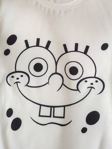 SpongeBob SquarePants | SHEIN Men's Cute Cartoon Print Drop Shoulder Loose Long Sleeve Top And Pants Loungewear Set, Spring/Autumn, Winter Clothes - White - View 3