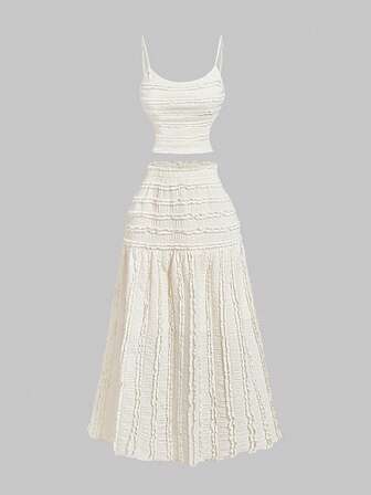 SHEIN MOD Women's Apricot Elegant Ruffle Edge Camisole And Mini Skirt 2 Pieces Set, Vacation Outfits Woman, Western Wear Women, Country Outfits, Vacation Two Pieces Set, Spring/Summer Outfit, Wedding Guest Party Outfit, Beach Set, Summer Vacation Outfits, Casual Sets For Women, Country Music Festival Outfit