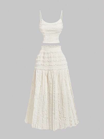 SHEIN MOD 여성용 살구색 우아한 러플 엣지 캐미솔 및 미니 스커트 2피스 세트, 휴가 의상 여성, 여성용 여름 의상, 서양복 여성, 컨트리 의상, 휴가용 투피스 세트