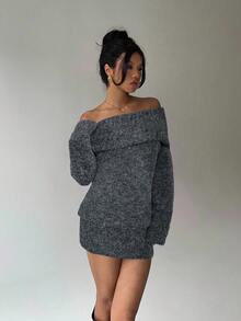 Aloruh Gaun Mini Lengan Panjang Kerah Tinggi Model Bahu Terbuka Warna Abu-abu, Atasan Longgar Bawahan Ketat, Cocok Untuk Wanita Muda, Musim Gugur/Musim Dingin - Dark Grey - View 4