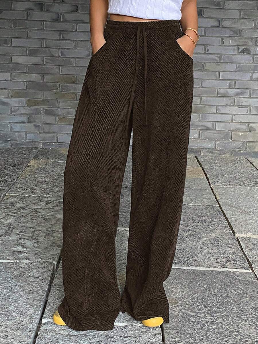 Livesso 女士休闲宽松直筒裤，棕色，格子条纹图案，商务休闲风，适合通勤，秋冬季穿着 - 棕色 - 查看 1