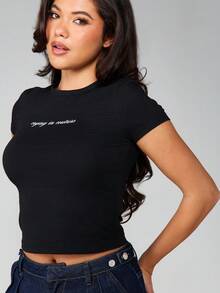 MISSGUIDED Crying In Couture 标语印花短袖露脐T恤，修身黑色纯棉上衣，休闲个性衬衫 - 黑色 - 查看 5