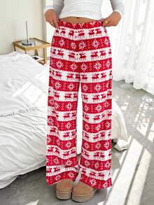 SHEIN EZwear Quần nữ sọc đỏ trắng họa tiết hoa và hươu Giáng sinh - Đỏ và trắng - Xem 7