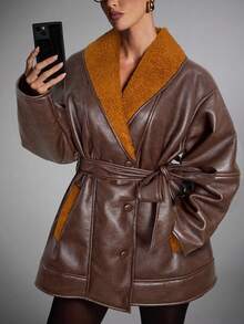 SHEIN BAE Áo khoác da giả lông thú cổ điển dành cho nữ, Thu/Đông - Màu nâu Sô-cô-la - Xem 5