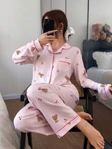 SHEIN 可爱小熊樱桃印花长袖睡衣套装，女士粉色睡衣套装，泰迪熊睡衣套装，舒适睡衣套装，可爱女士睡衣，冬季服装 - 粉色 - 查看 4