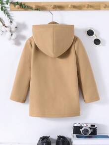 SHEIN Young Boy Loose Fit Hooded Thermal-Lined Double-Breasted Wool Blend Jacket, Suitable For Christmas, Thanksgiving, Winter - Khaki - View 2