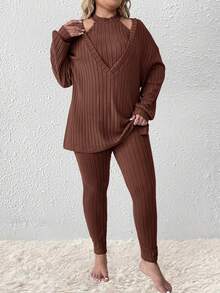 SHEIN LUNE Knitted Brushed Ribbed Long Sleeve T-Shirt, Halter Neck Tank Top And Pants Set, Plus Size - Brown - View 5