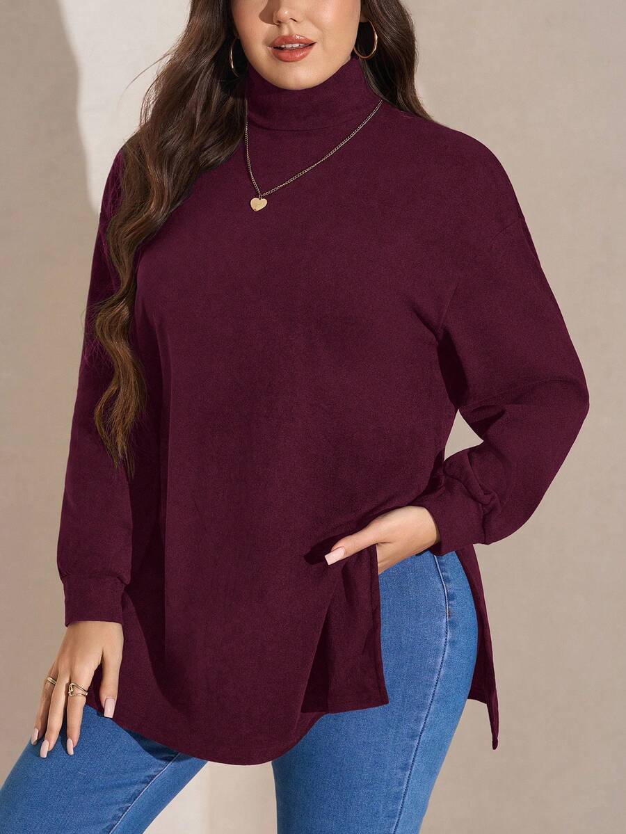 SHEIN LUNE Maglietta oversize con collo alto, spalle scoperte e orlo spaccato, adatta per uscite invernali e Capodanno, in tinta unita, taglie forti - Viola rosso - Visualizzare 1