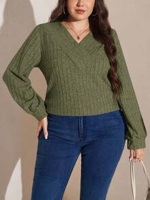 SHEIN LUNE Áo thun dài tay màu xanh lá cây dành cho nữ cỡ lớn, có lớp lót giữ nhiệt, thích hợp cho kỳ nghỉ thu đông. - xanh quân đội - Xem 5