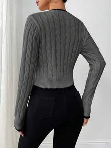 Elenzga 秋冬时尚蝴蝶刺绣V领麻花针织女式套头毛衣 - 深灰色 - 查看 2