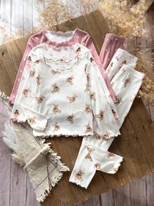 Emery Rose Kids Emery Rose Kids 6pcs/Set Young Girl Floral & Bear Print Knit Casual T-Shirt And Pants Loungewear Set Cute Pj Sets Axolotl Pajamas Girls Pj Sets Teddy Bear Pajama Set Girl Pajama Sets - Multicolor - View 2