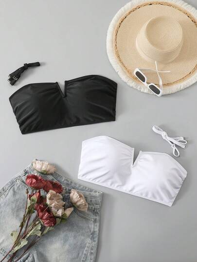 Swim SXY Plus Size Women 2pcs Swimsuit Set, Knitted Bandeau Top With Removable Spaghetti Straps, Fashionable & Sexy Casual Resort Style