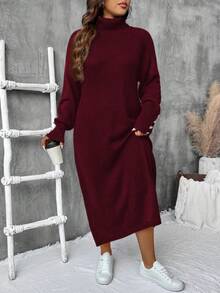 SHEIN LUNE 大码女式黑色高领长袖连衣裙，秋冬季休闲百搭毛衣裙 - 酒紅色 - 查看 3