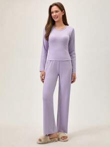 Loomlin Women Rib Knit With Round Neck Long Sleeve Shirt&Pants Homewear Comfort Lounge Pajama Set Purple Lounge Set Lavender Lounge Set Long Sleeve Lounge Set Comfy Pajama Set Purple Pajama Set - Lilac Purple - View 3