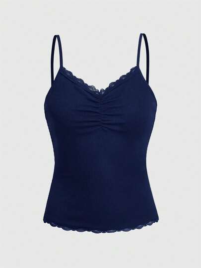 Camiseta de mujer de unicolor simple con pliegues y encaje, versátil para el verano