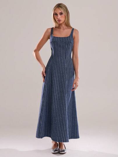 Avantive A Long, Sleeveless, Square-Neck Denim Dress With Blue Texture Blue Dress Vacation Outfits For Women Casual Women Outfits Elegant Dress New Year Outfit Long Summer Dress For Women Denim Maxi Dress